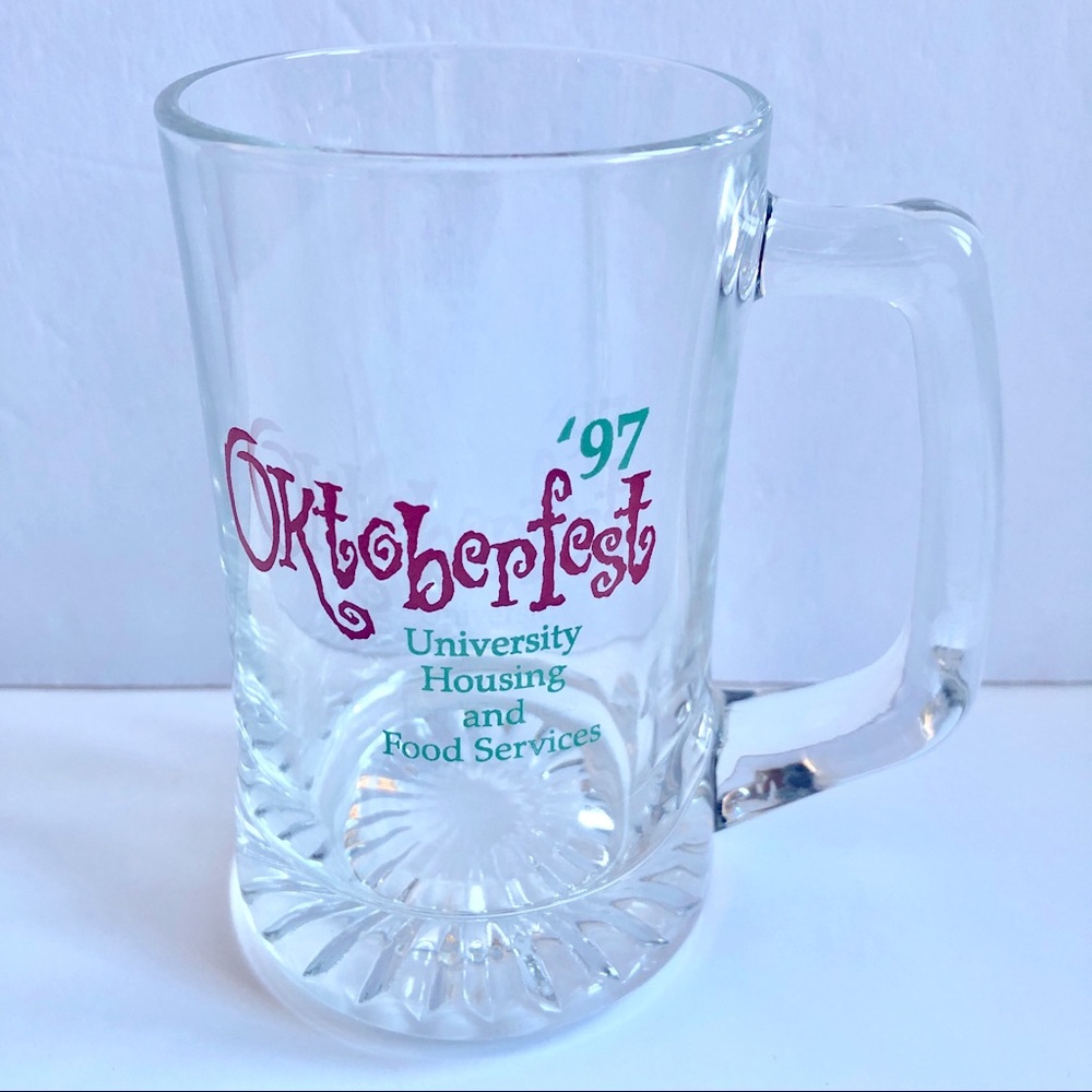 Vintage Oktoberfest Clear Stein Mug Drinking Glass w/ Handle 5 1/4” OU Sooners
